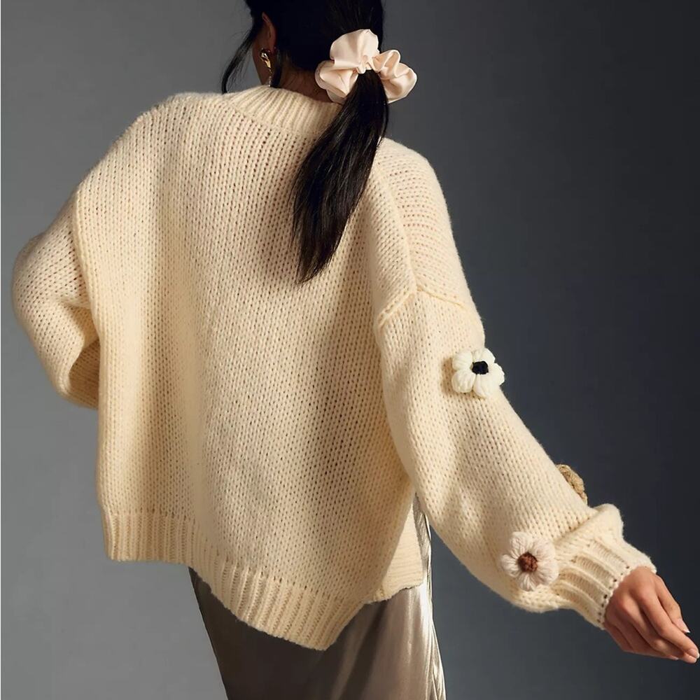 Anna & Ava 3D Flower Cardigan Sweater Chunky Knit Oversized Boho - Picture 3 of 14